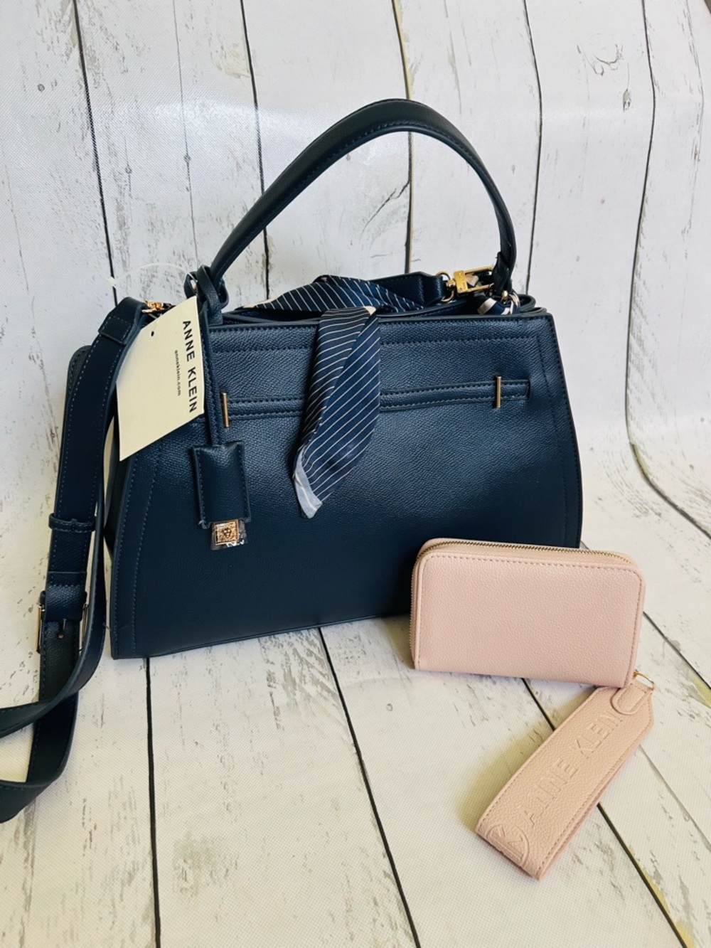 Anne Klein Navy Satchel Purse + Blush Pink Wallet & Scarf Accent Bundle - Picture 6 of 13
